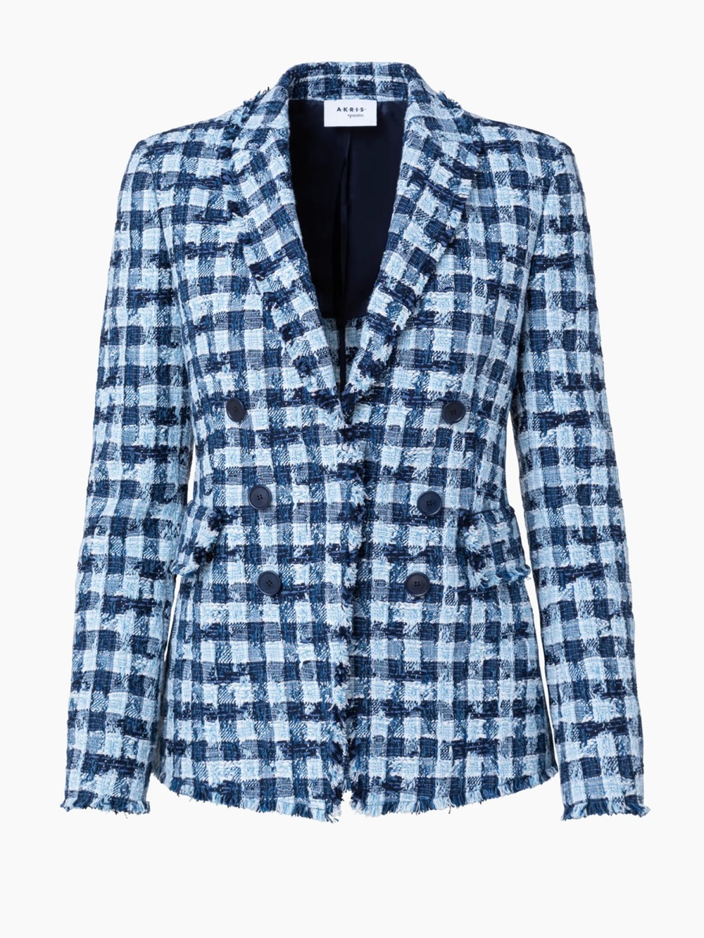 AKRIS Blue White Plaid Tweed Double-Breasted Blazer Check Linen Gingham Sz 6